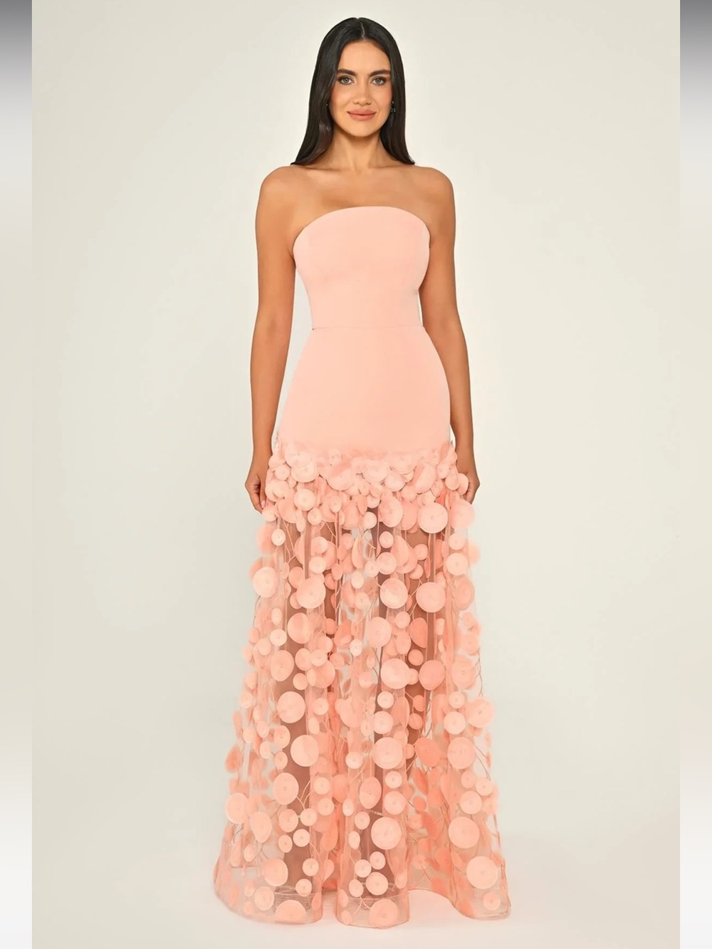 Strapless Saumin Maxi Dress with Appliqué Cascade